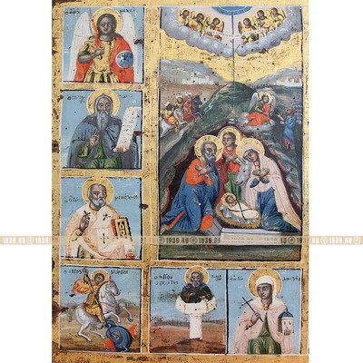 Уникальная старинная греческая икона Рождество и Сретение с избранными святыми. Греция XVIII век