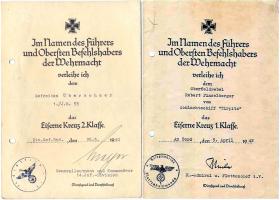 Наградной лист на Железный крест 2-й и 1-й степени 1939 года