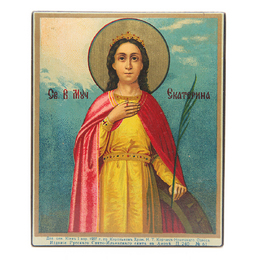 Старинная икона великомученица Екатерина Александрийская с колесом и пальмовой ветвью